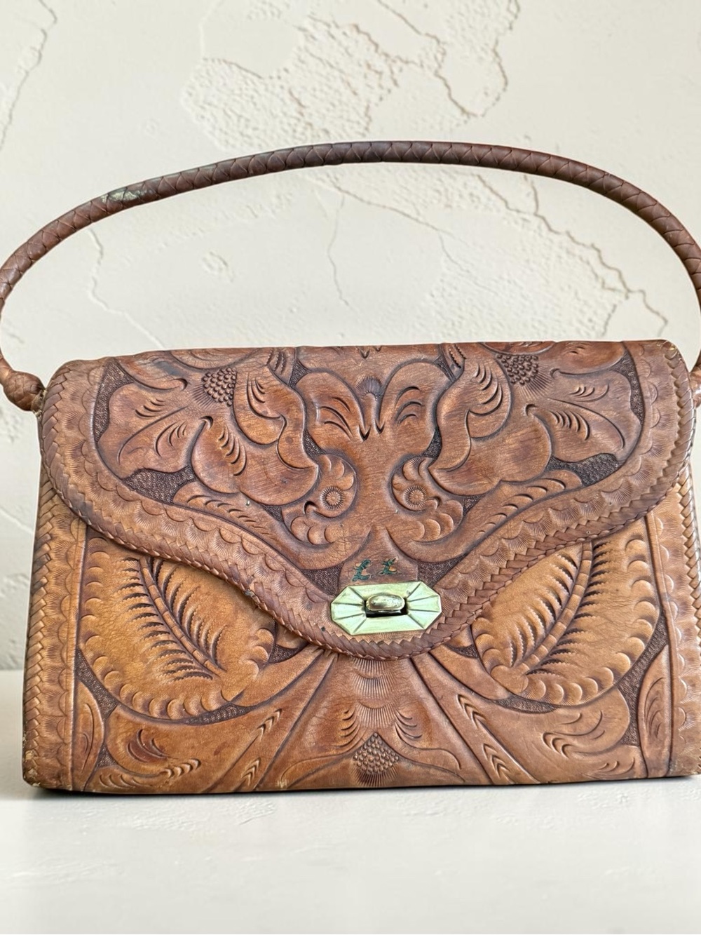 Vintage 1950s Mexican Hand Tooled Leather Clutch Floral Western Boho Handbag